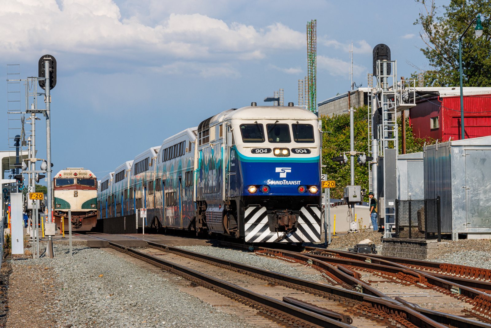 Sound Transit Sounder commuter train arriving on a sunny afternoon